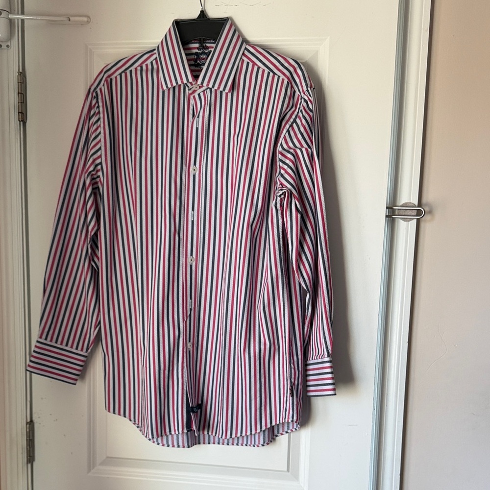 English Laundry Men's Red, Blue & White Striped Dress Shirt